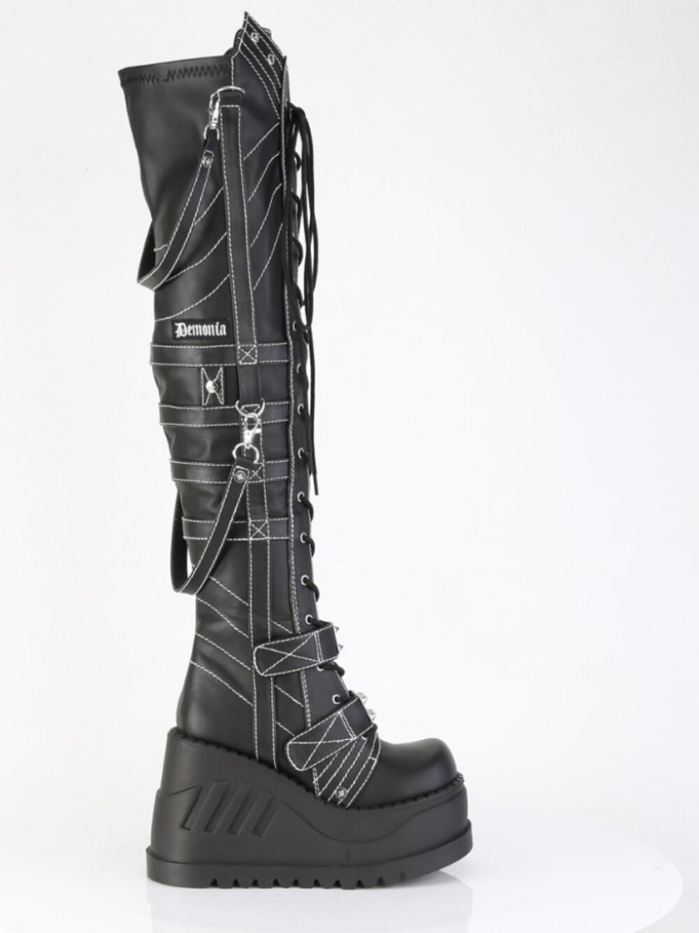 Over-The-Knee Boots with Spike Plate Straps, Contrast Stitching & Inner Zip